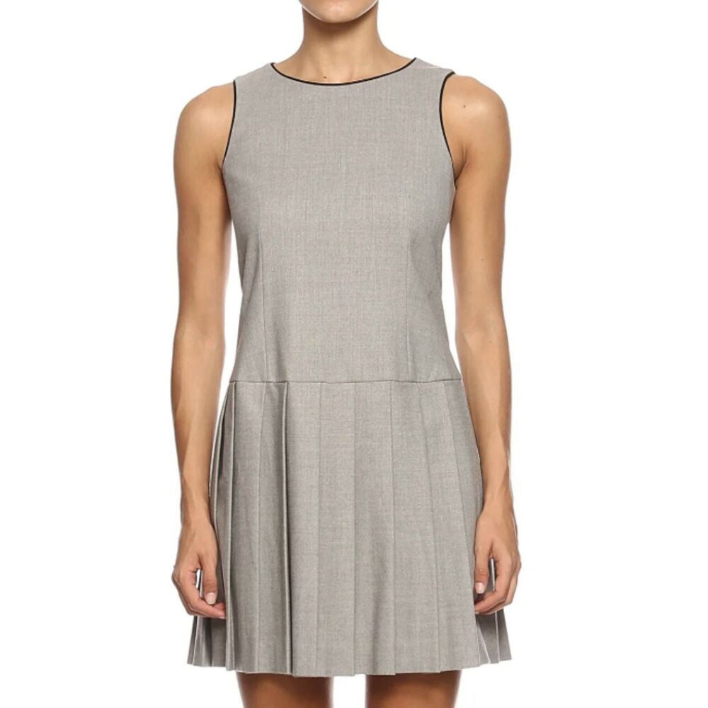 2/$150 Theory Elbise Drop-Waist Heather Gray Black Trim Wool Blend Pleated Dress